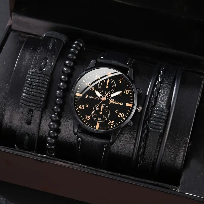 Men's Quartz Watch and PU Bracelet Set with Calendar