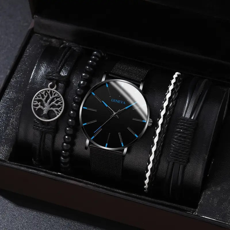 Men's Quartz Watch and PU Bracelet Set with Calendar