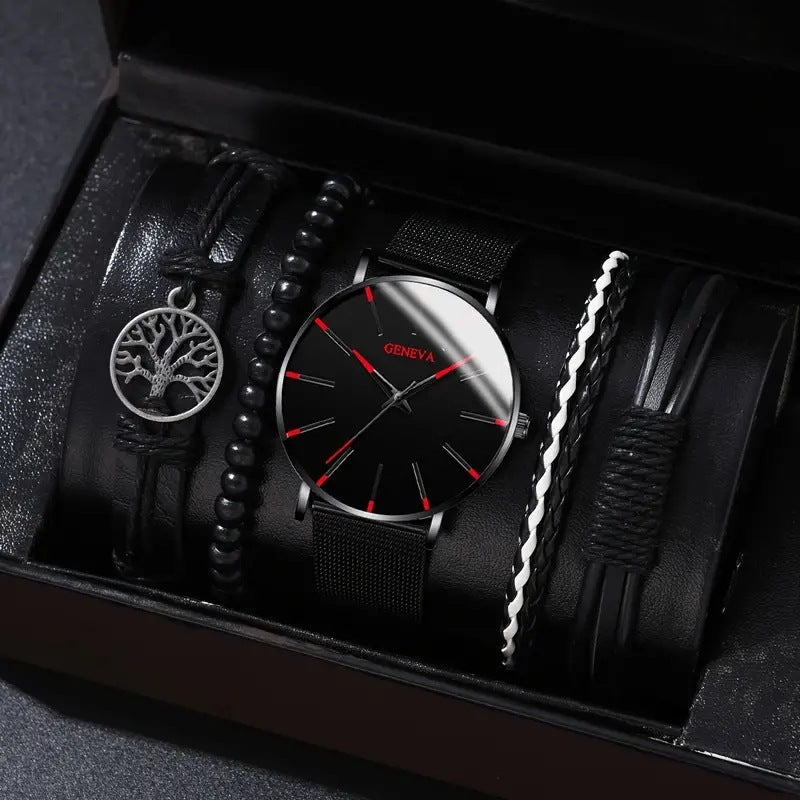 Men's Quartz Watch and PU Bracelet Set with Calendar