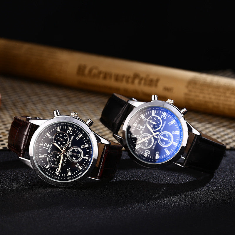 Men's Quartz Watch with Blue Light Glass and Leather Band