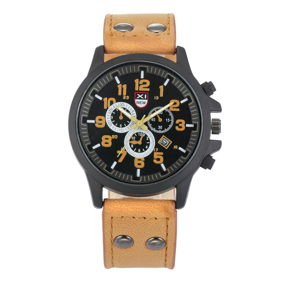 Men's Quartz Watch with Leather Band and Calendar