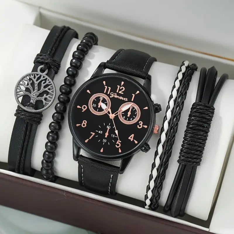 Men's Quartz Watch and PU Bracelet Set with Calendar