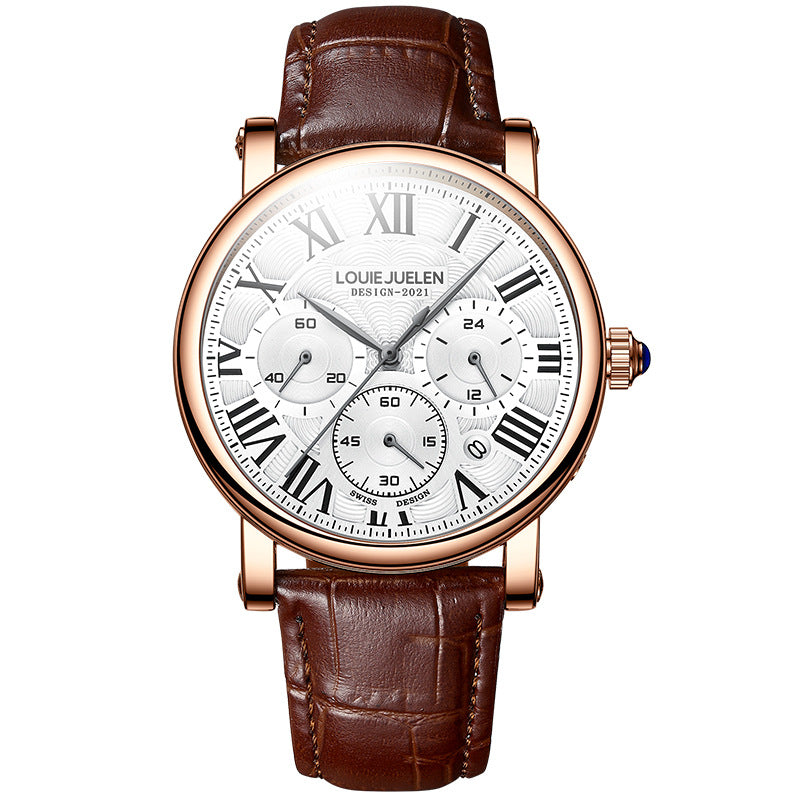 Multi-Functional Waterproof Men's Quartz Watch with Leather Band