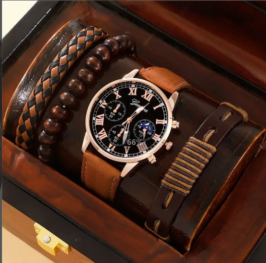 Men's Quartz Watch and PU Bracelet Set with Calendar