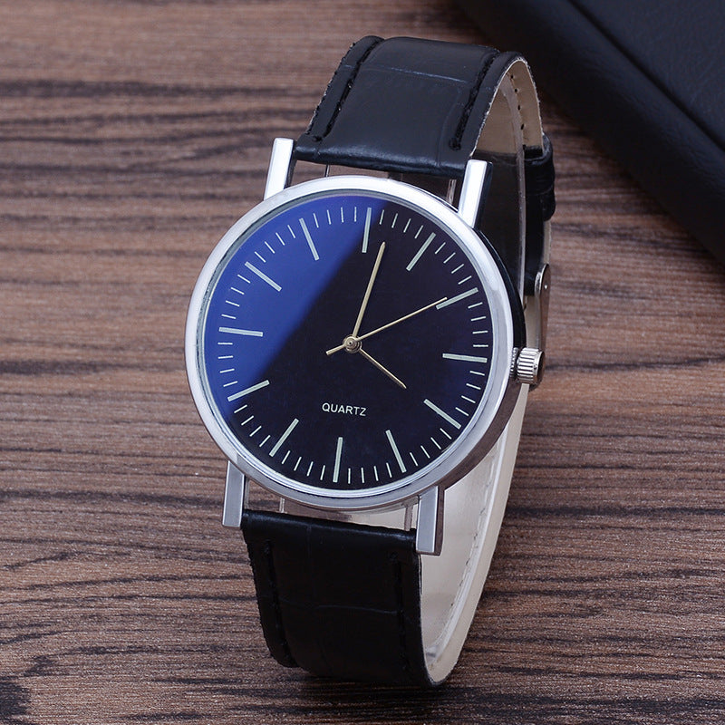Men's Quartz Watch with Leather Strap and Blue Glass