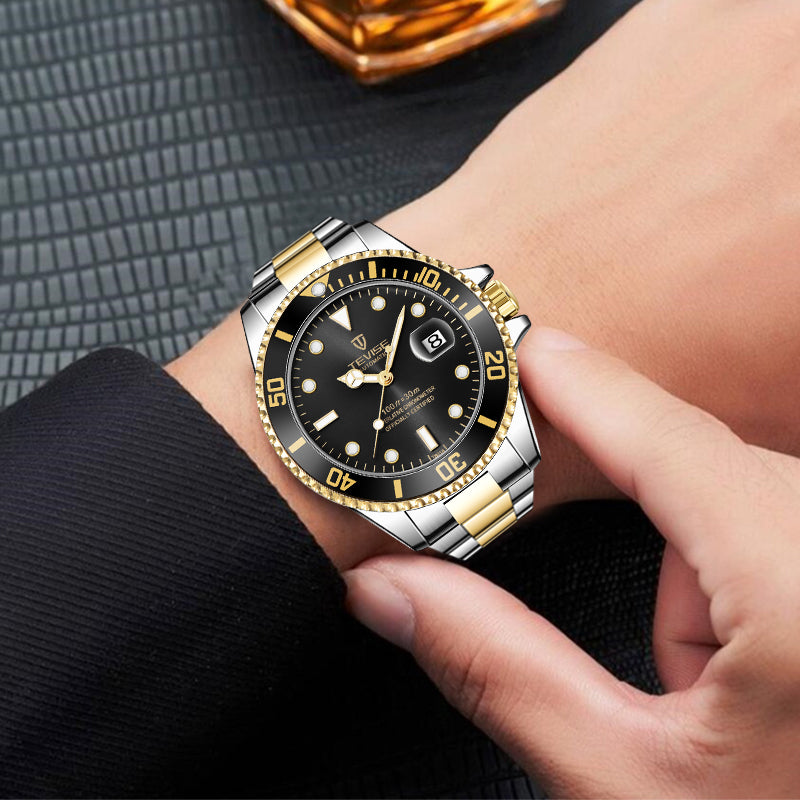 TEVISE Men's Quartz Watch with Green Dial and Calendar