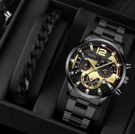 2pcs Men's Steel Quartz Watch & Bracelet Set