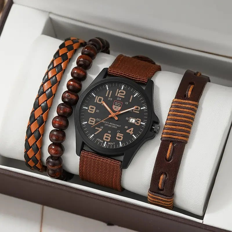 Men's Quartz Watch and PU Bracelet Set with Calendar