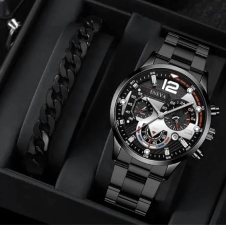 2pcs Men's Steel Quartz Watch & Bracelet Set