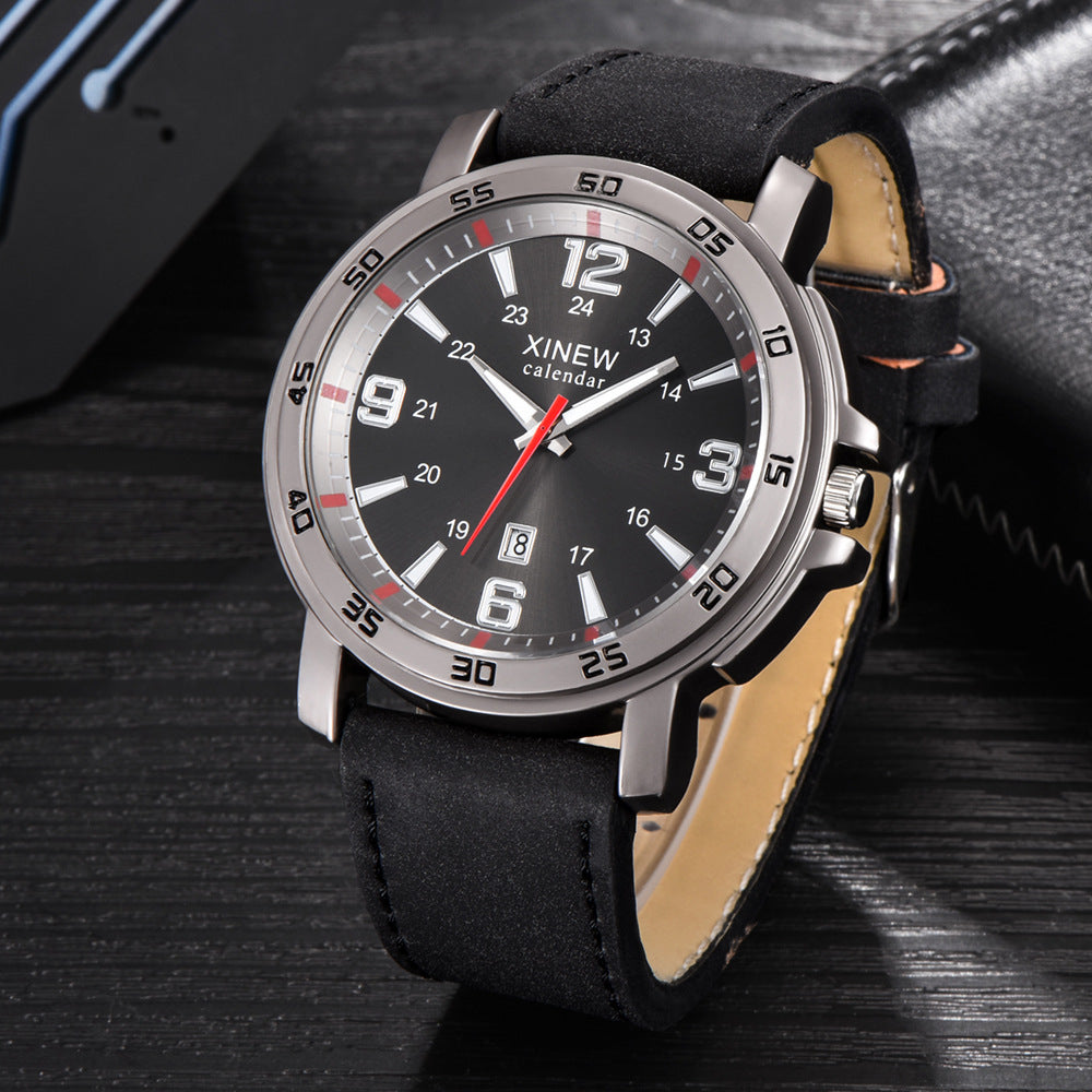 Men's Leather Belt, Calendar Watch, Quartz Timepiece