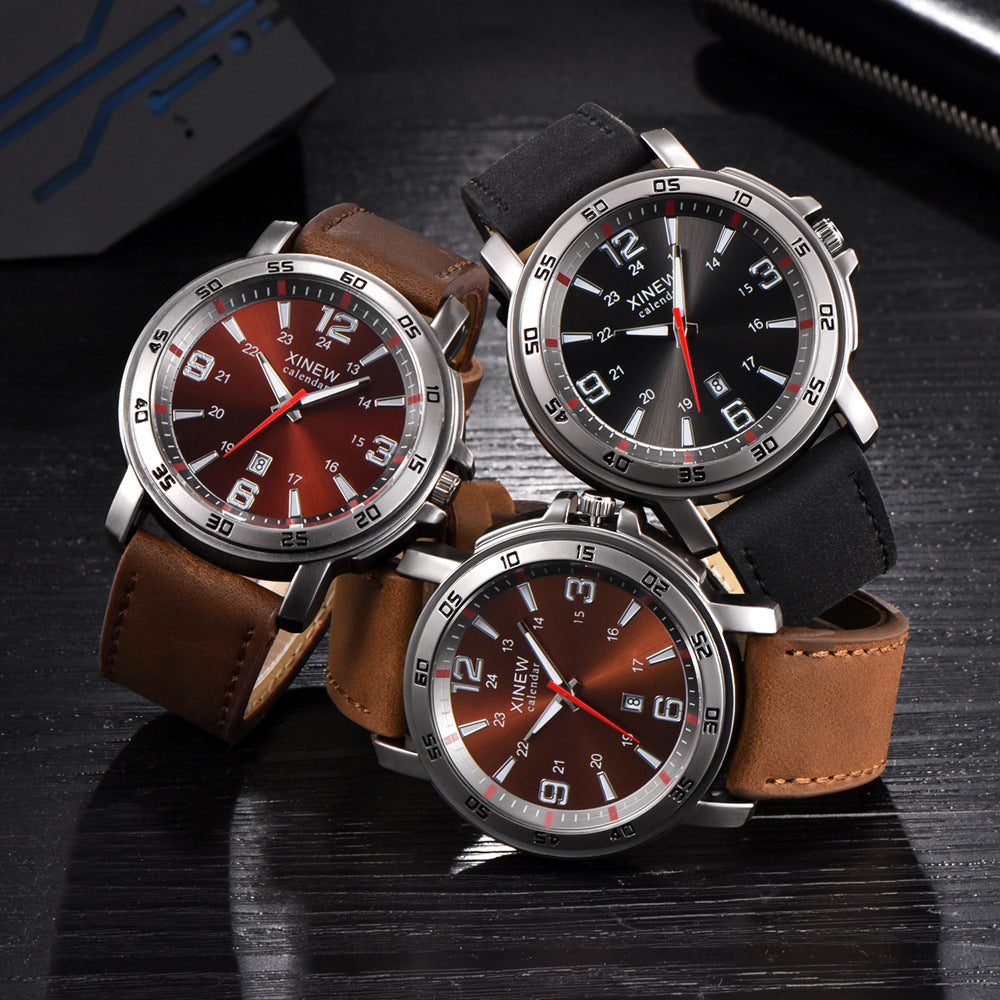 Men's Leather Belt, Calendar Watch, Quartz Timepiece