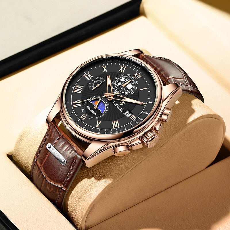 LIGE Men's Quartz Watch with Leather Strap and Moon Phase