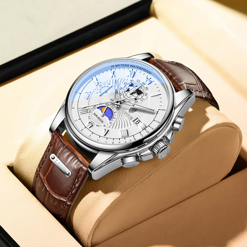 LIGE Men's Quartz Watch with Leather Strap and Moon Phase