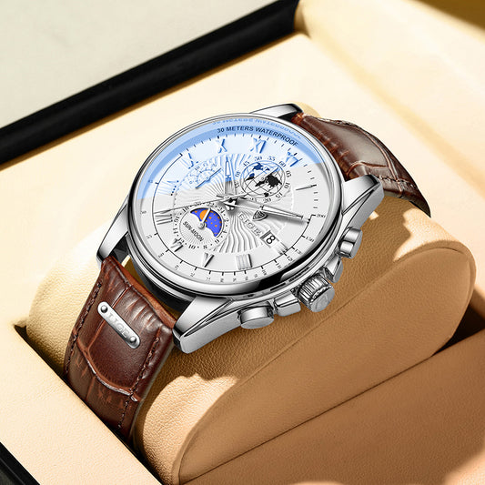 LIGE Men's Quartz Watch with Leather Strap and Moon Phase