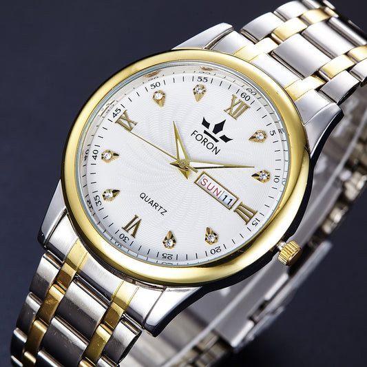 Men's Luminous Steel Band Quartz Watch with Dual Calendar