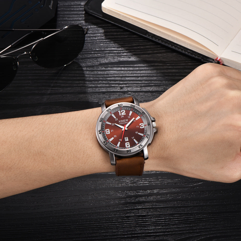 Men's Leather Belt, Calendar Watch, Quartz Timepiece