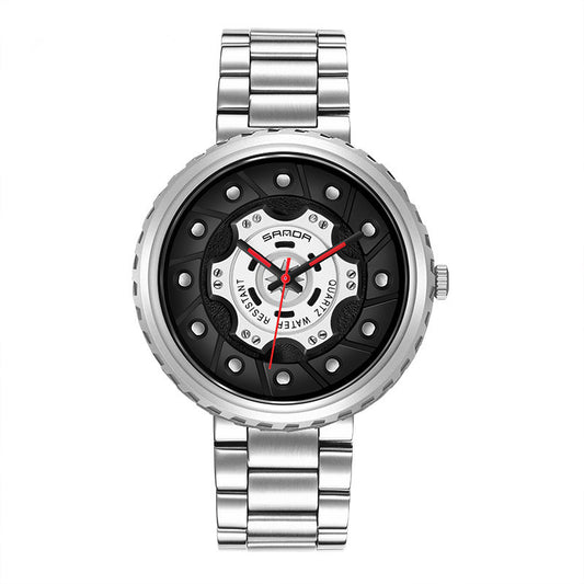 Men's Steel Band Quartz Watch with Hollow Dial Design