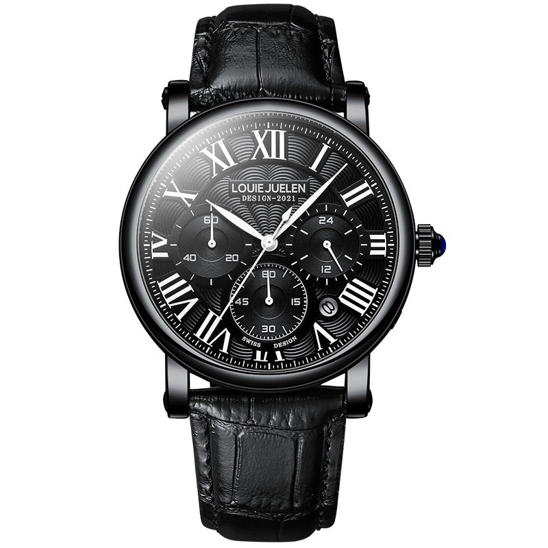 Multi-Functional Waterproof Men's Quartz Watch with Leather Band