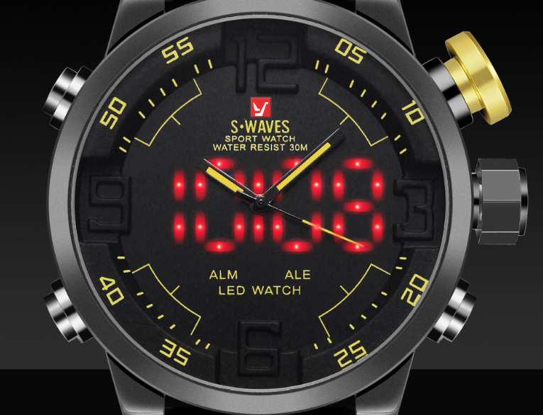 WAVES Men's Quartz Watch with LED and Leather Band