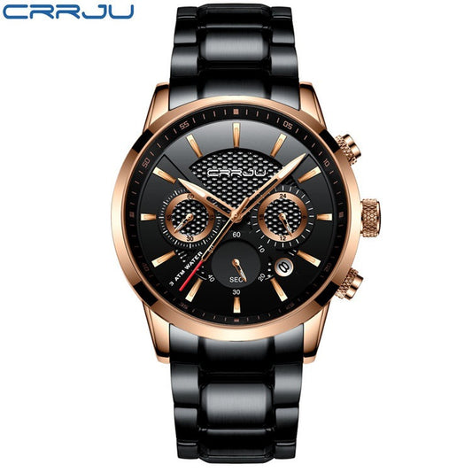 CRRJU Men's Quartz Watch with Calendar and Steel Band